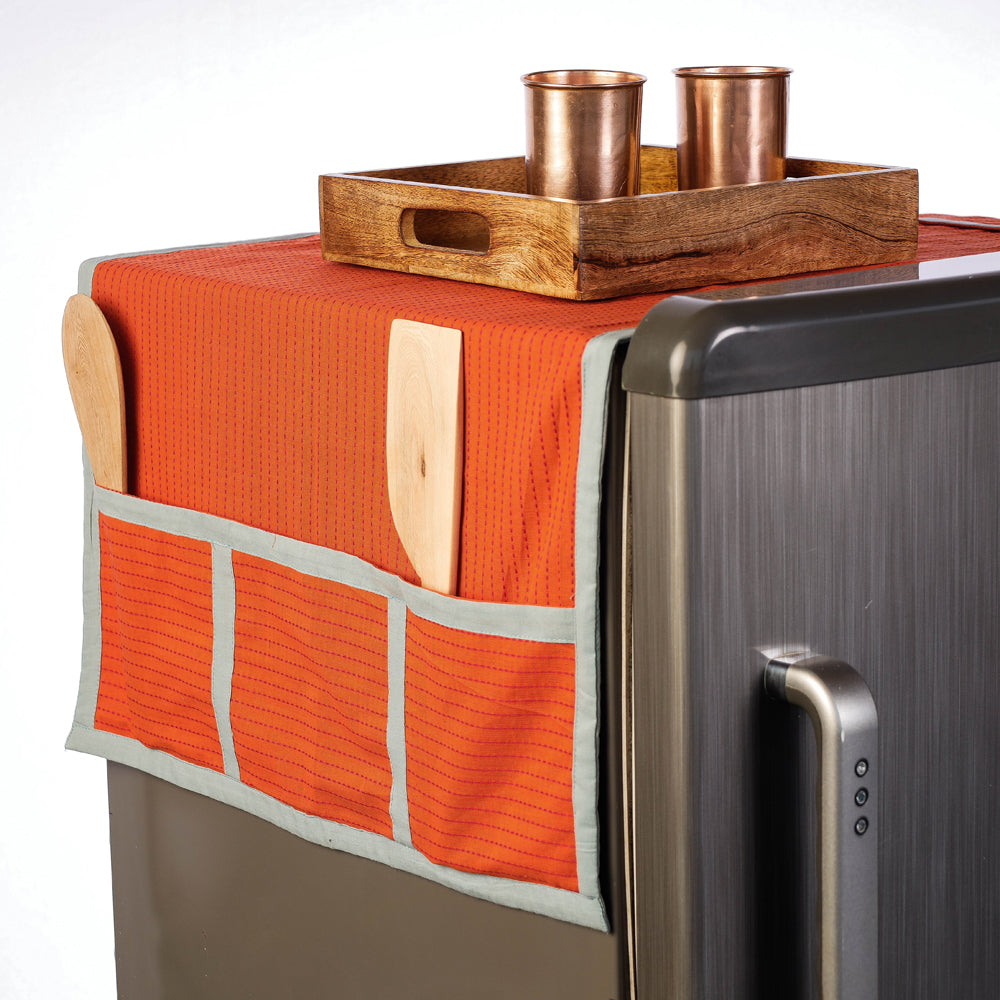Hand Block Printing Cotton Fridge Top Cover with Multiple Pockets