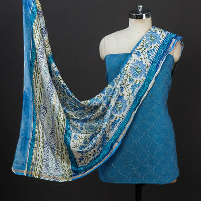 Special Tagai Work Cotton Kurta Material with Sanganeri Print Chanderi Silk Dupatta