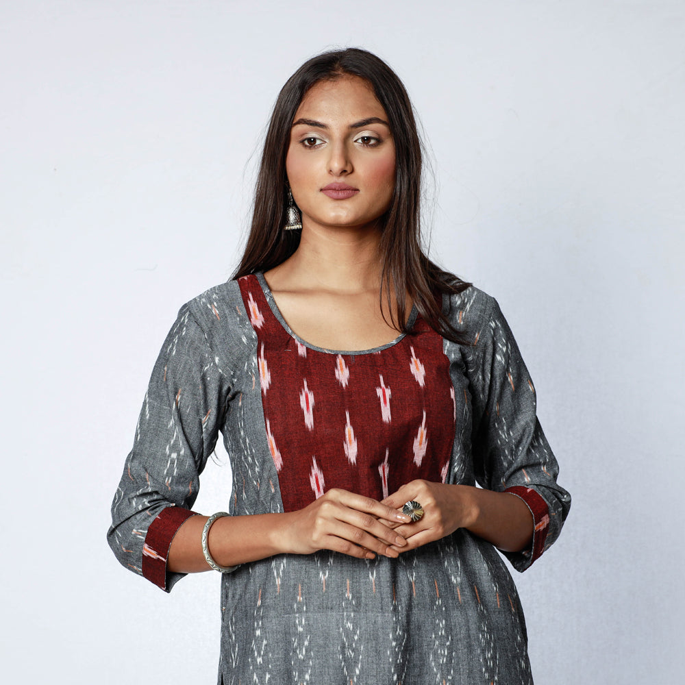 Grey Maroon Pochampally Ikat Weave Cotton Long Kurti