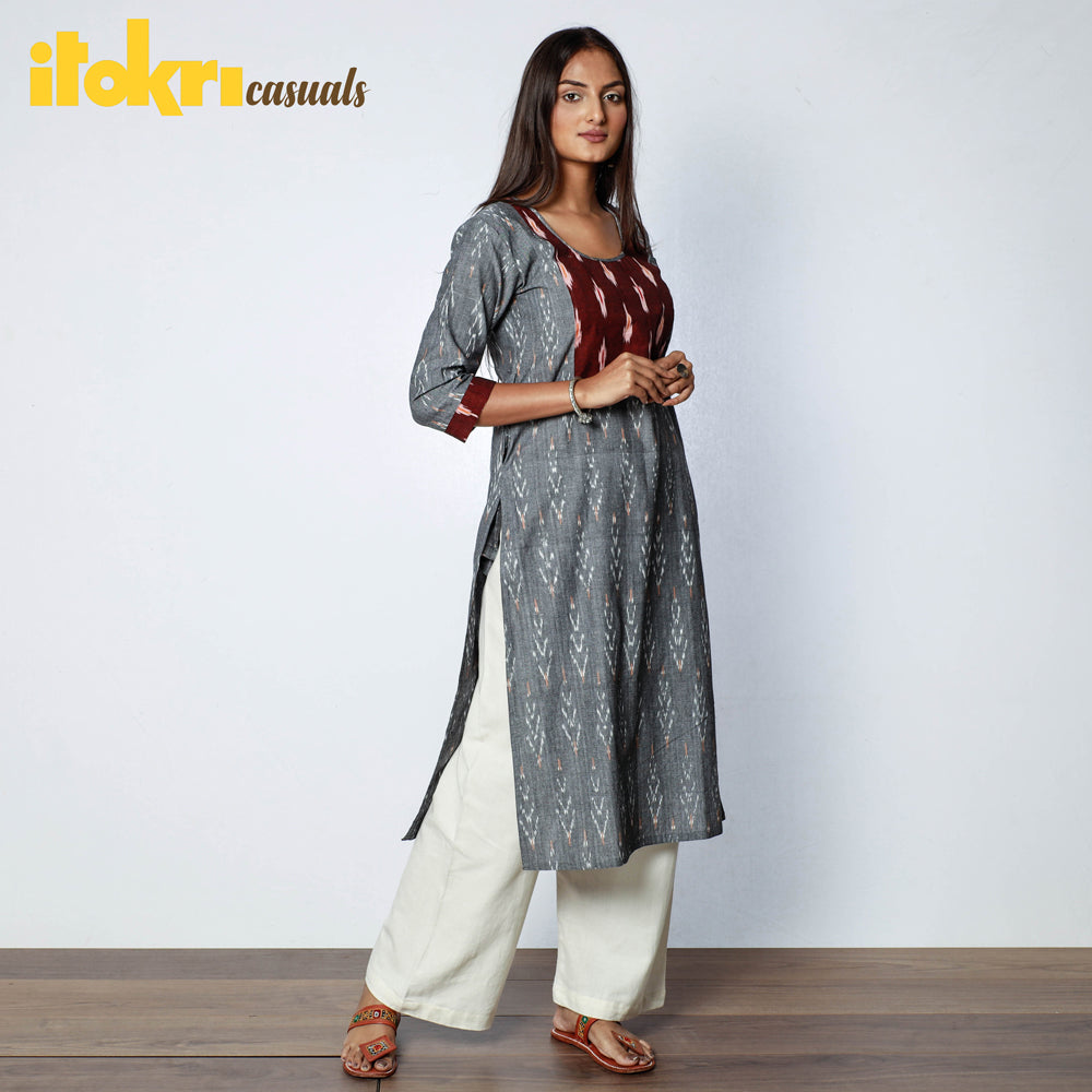 Grey Maroon Pochampally Ikat Weave Cotton Long Kurti