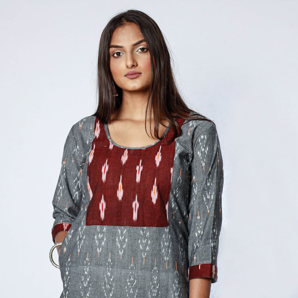 Grey Maroon Pochampally Ikat Weave Cotton Long Kurti