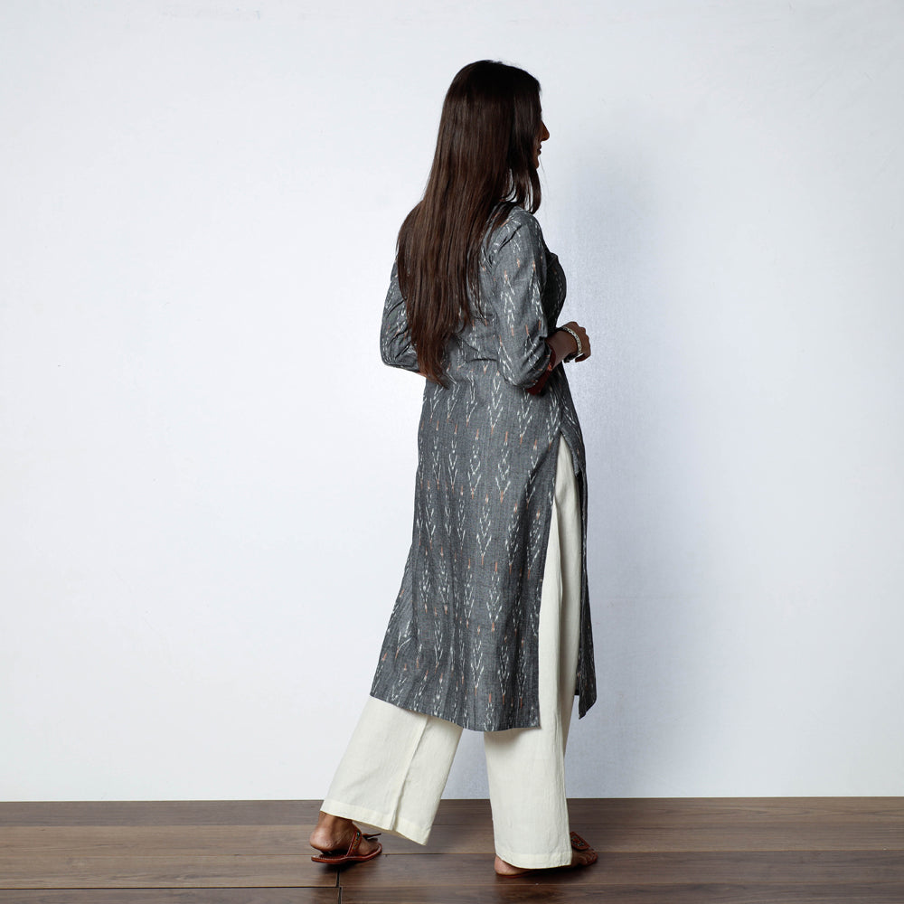 Grey Maroon Pochampally Ikat Weave Cotton Long Kurti