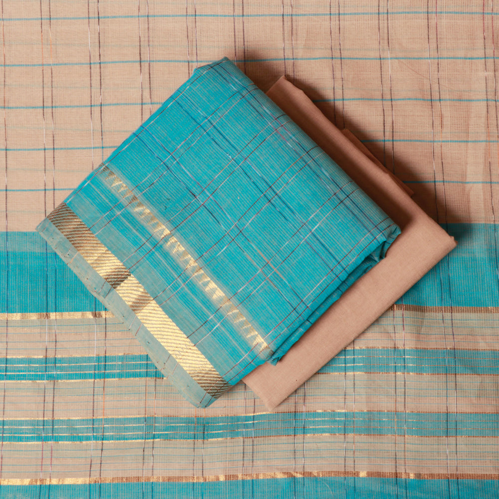 3pc Original Mangalagiri Handloom Cotton Suit Material Set with Zari Border