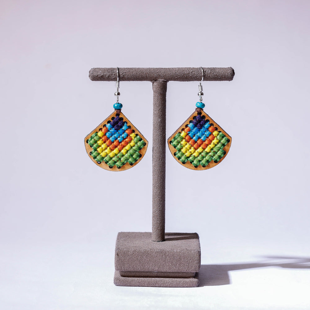 Tribal Hand Embroidered Wooden Earrings