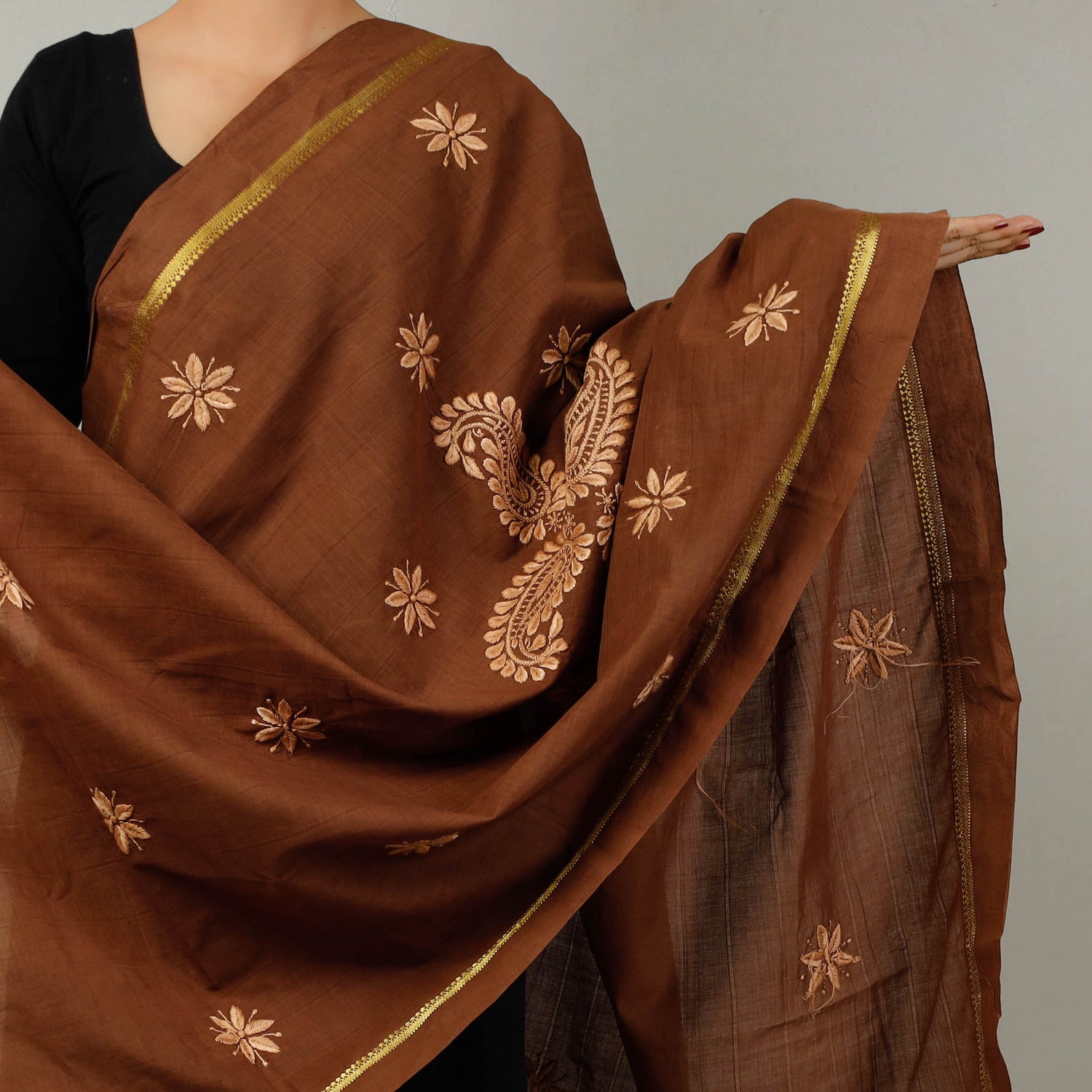 Lucknow Chikankari Hand Embroidered Maheshwari Silk Handloom Dupatta
