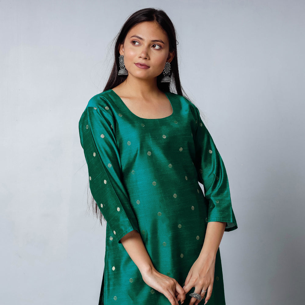 Dark Green Polka Zari Butta Spun Dupion Silk Long Kurta
