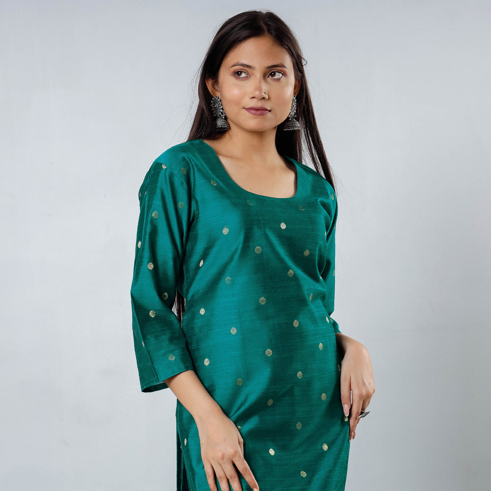 Dark Green Polka Zari Butta Spun Dupion Silk Long Kurta