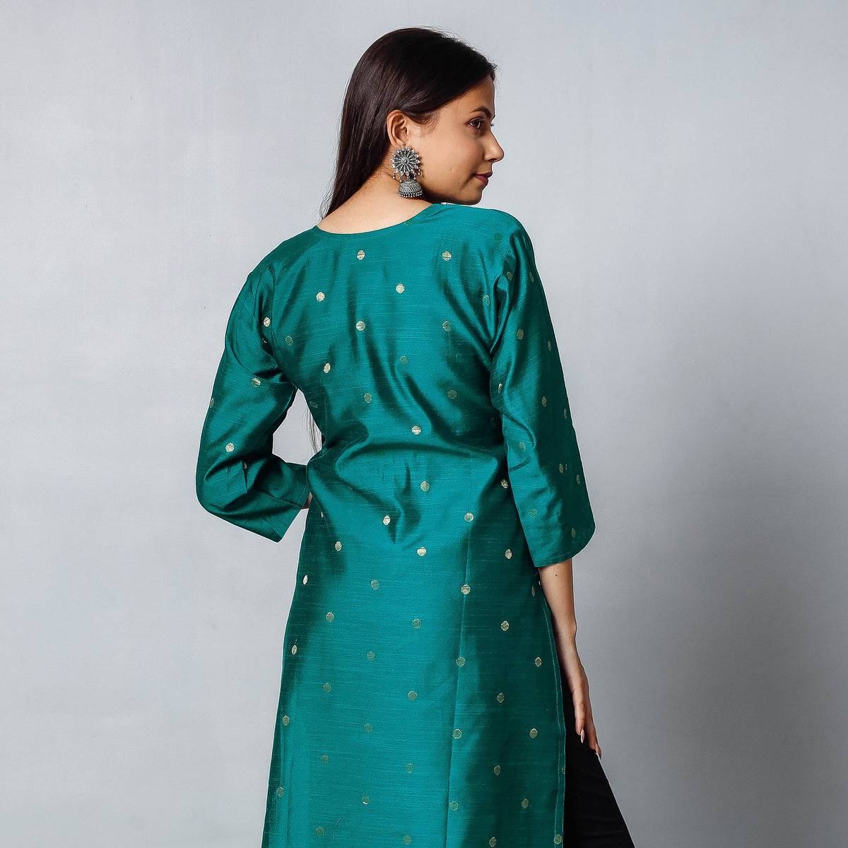 Dark Green Polka Zari Butta Spun Dupion Silk Long Kurta