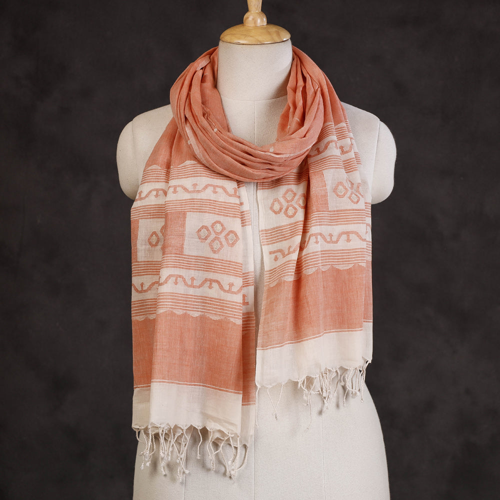 Authentic Dhakai Muslin Jamdani Handwoven Pure Cotton Stole with Tassels
