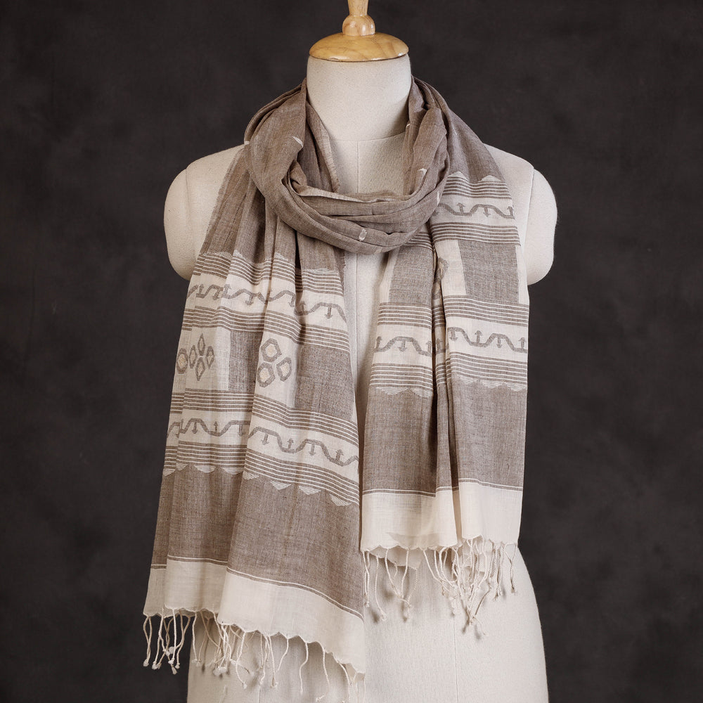 Authentic Dhakai Muslin Jamdani Handwoven Pure Cotton Stole with Tassels