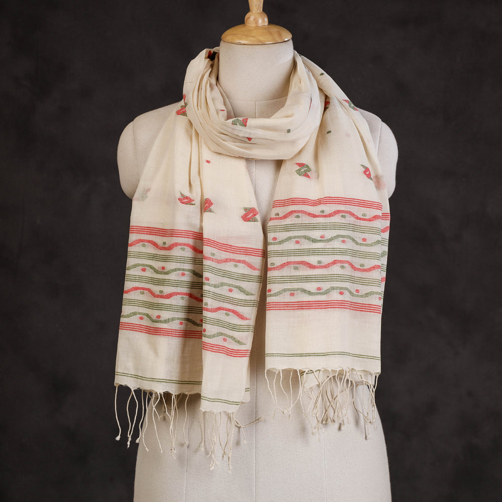 Authentic Dhakai Muslin Jamdani Handwoven Pure Cotton Stole with Tassels