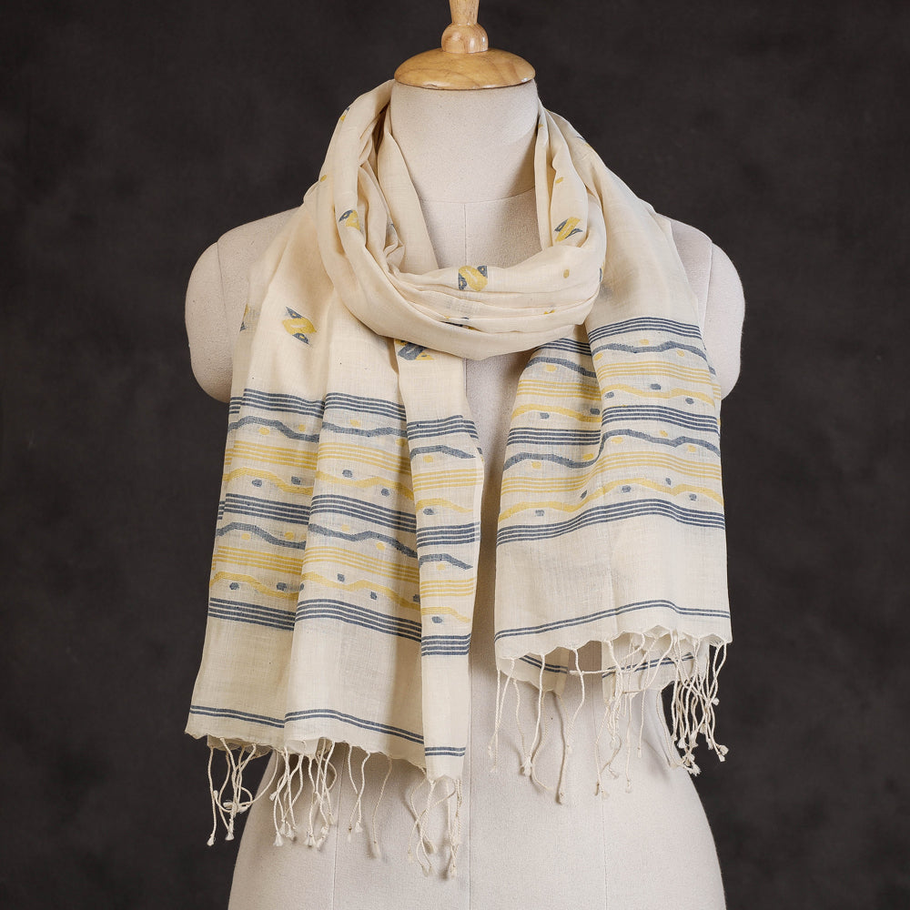 Authentic Dhakai Muslin Jamdani Handwoven Pure Cotton Stole with Tassels