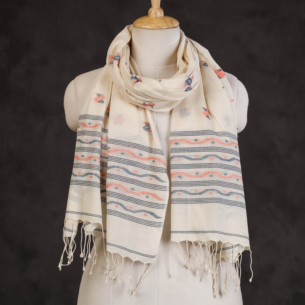 Authentic Dhakai Muslin Jamdani Handwoven Pure Cotton Stole with Tassels