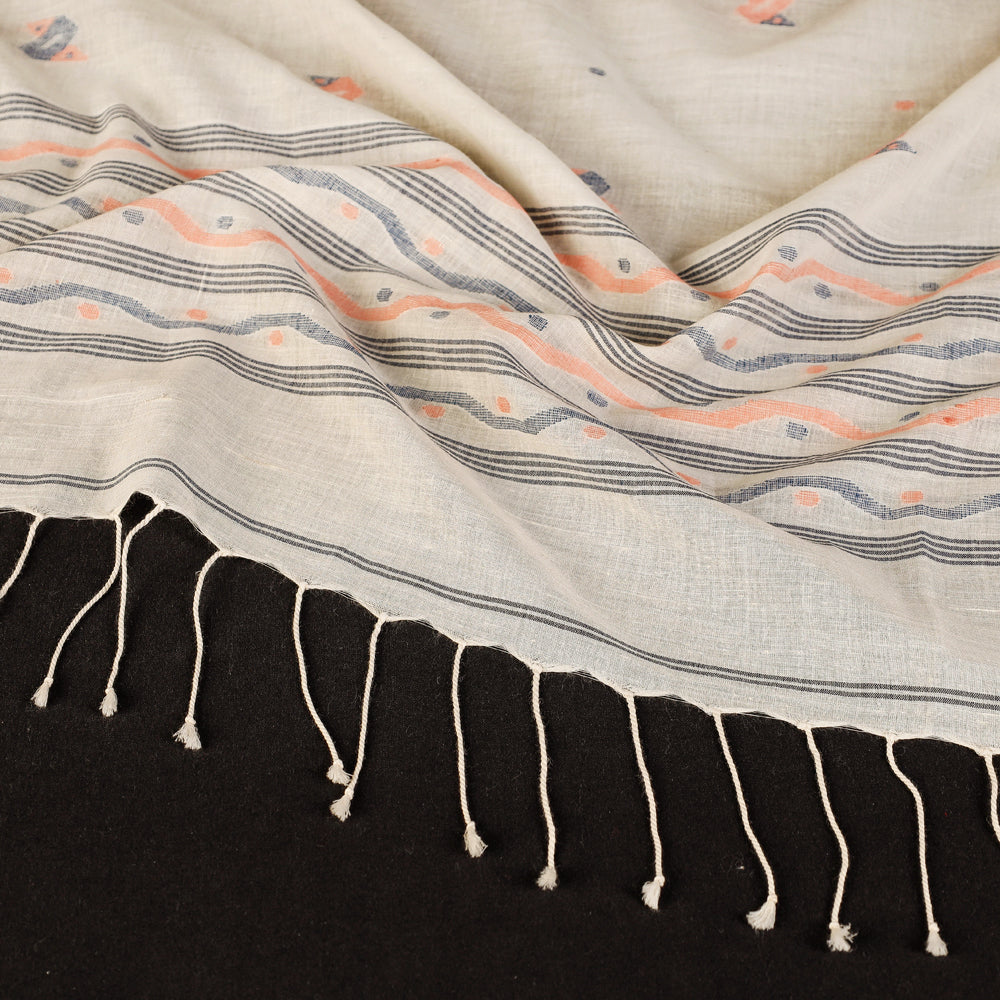 Authentic Dhakai Muslin Jamdani Handwoven Pure Cotton Stole with Tassels