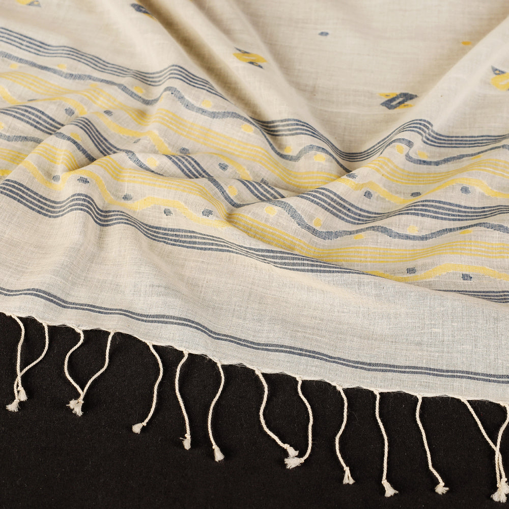 Authentic Dhakai Muslin Jamdani Handwoven Pure Cotton Stole with Tassels