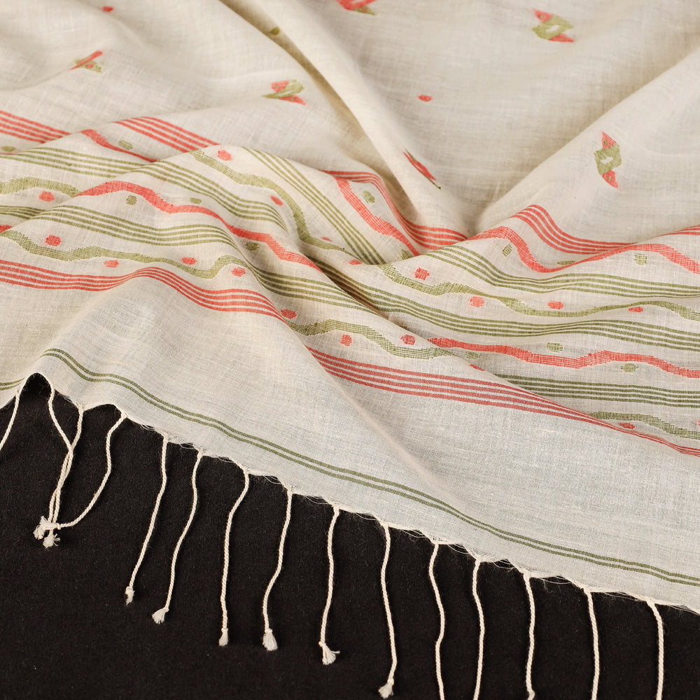 Authentic Dhakai Muslin Jamdani Handwoven Pure Cotton Stole with Tassels