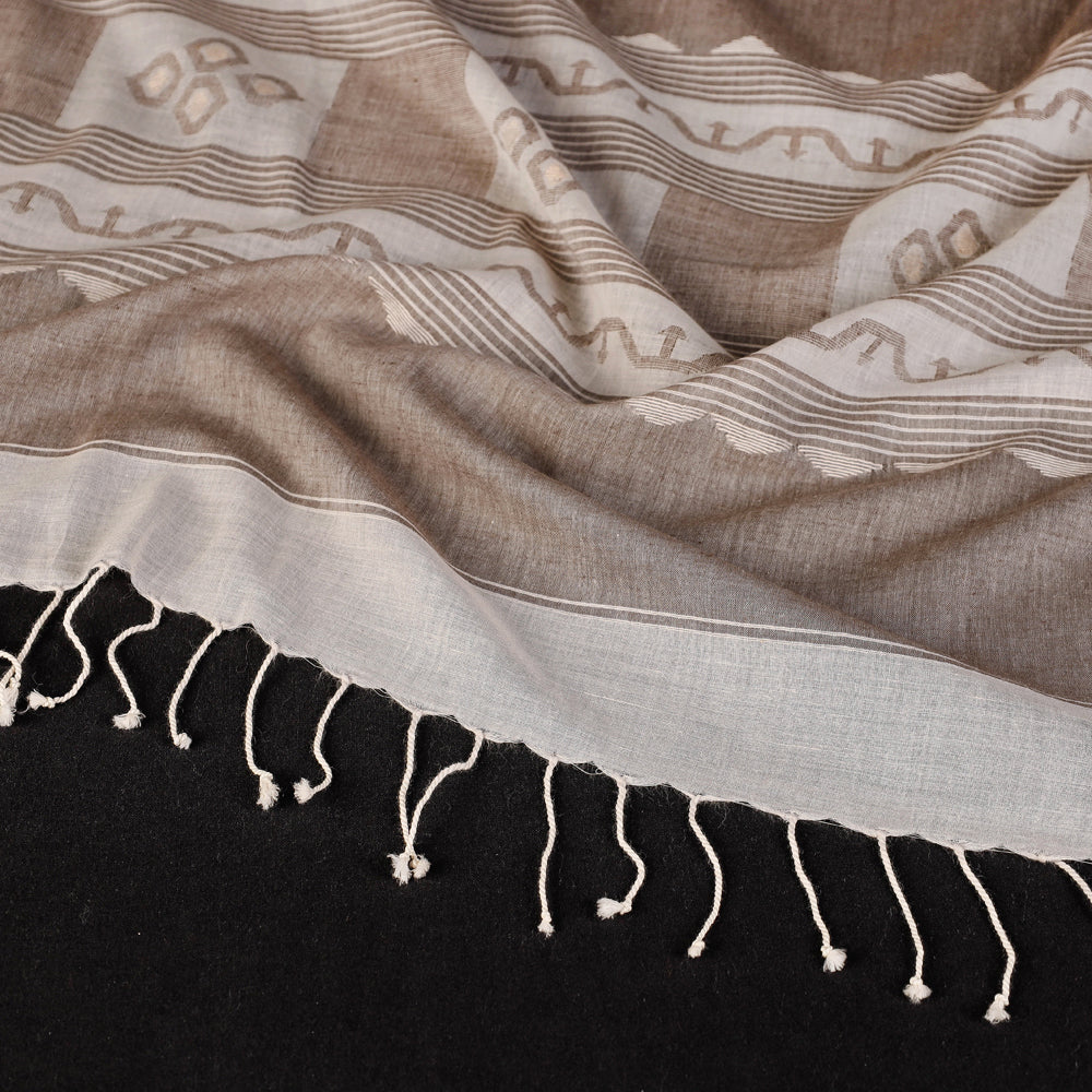 Authentic Dhakai Muslin Jamdani Handwoven Pure Cotton Stole with Tassels