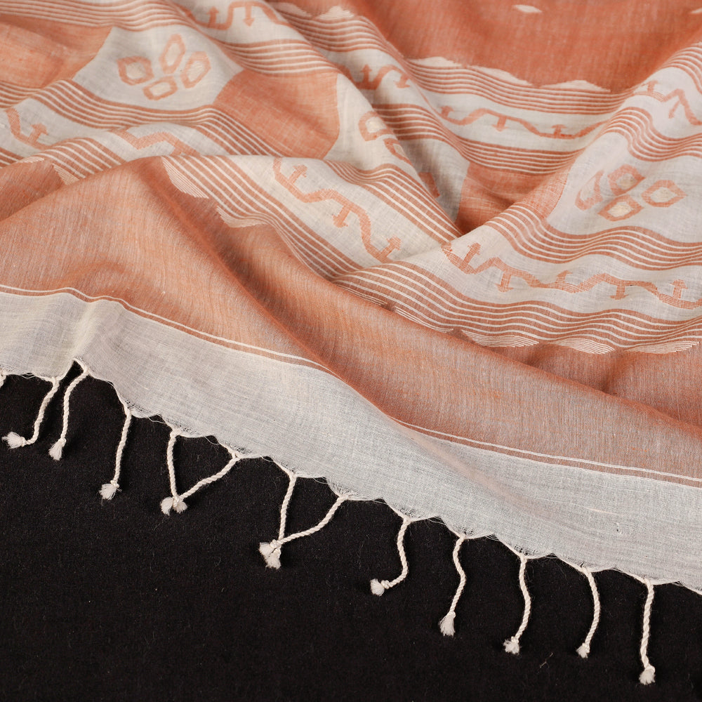 Authentic Dhakai Muslin Jamdani Handwoven Pure Cotton Stole with Tassels