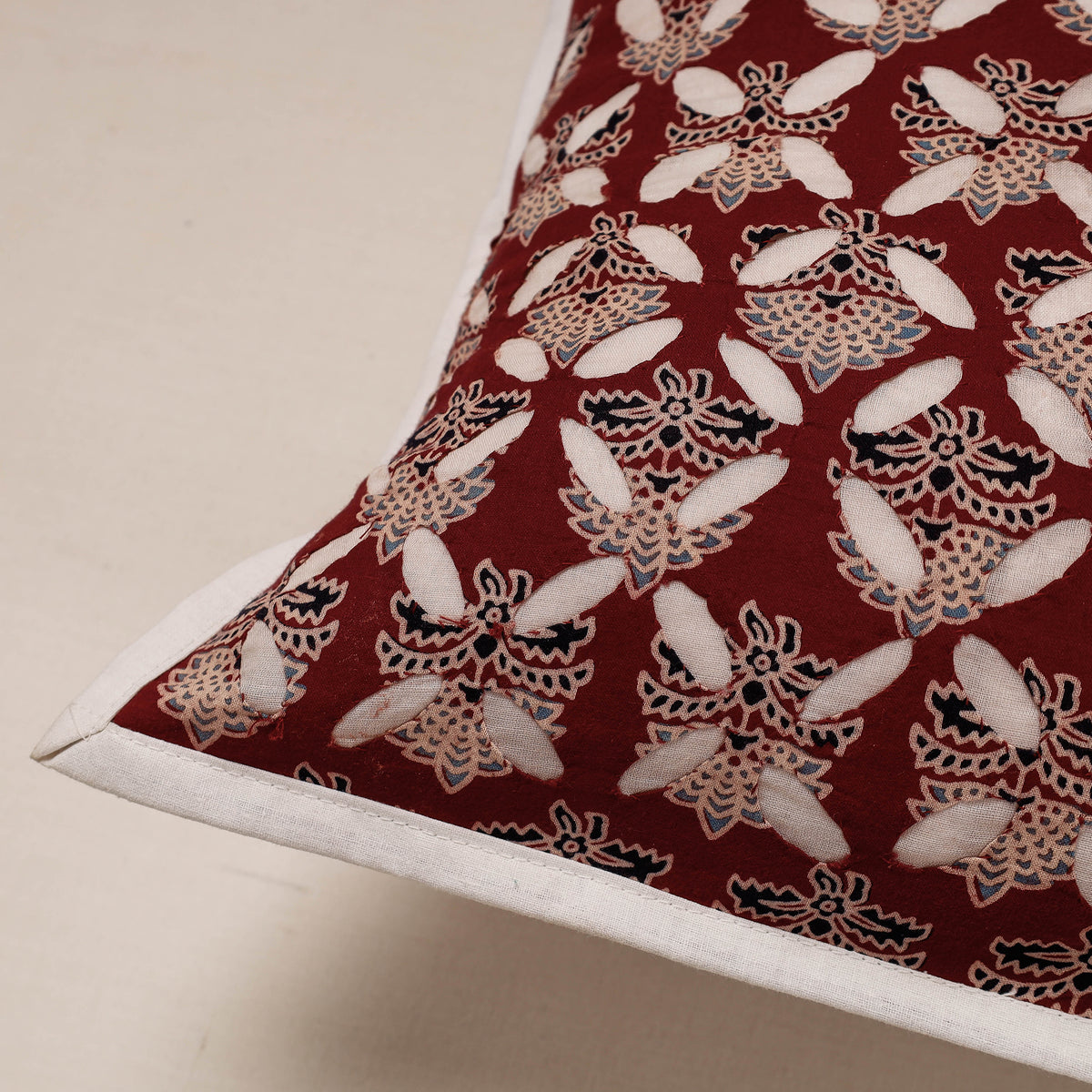 Applique Cut Work Cotton Cushion Cover (16 x 16 in)