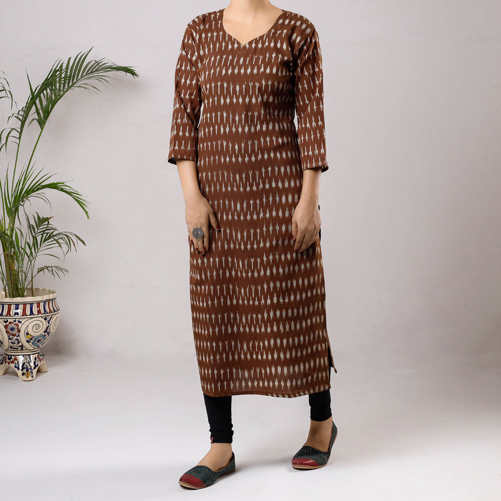 Brown Ikat Weave Cotton Long Kurti