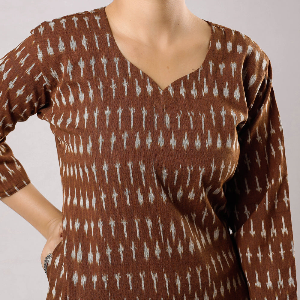 Brown Ikat Weave Cotton Long Kurti