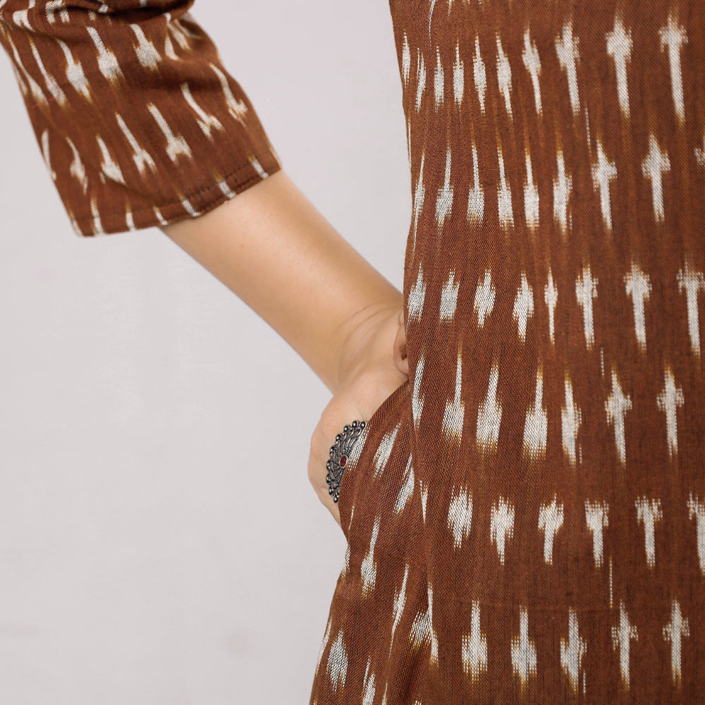 Brown Ikat Weave Cotton Long Kurti
