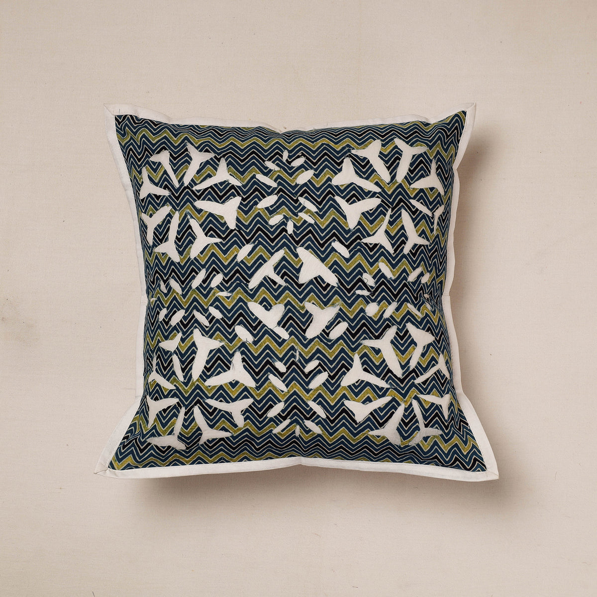 Applique Cut Work Cotton Cushion Cover (16 x 16 in)