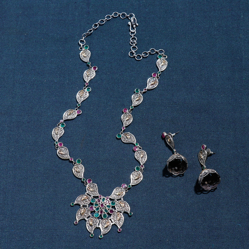 Oxidised Antique Finish Dual Tone Stone GS Necklace Set