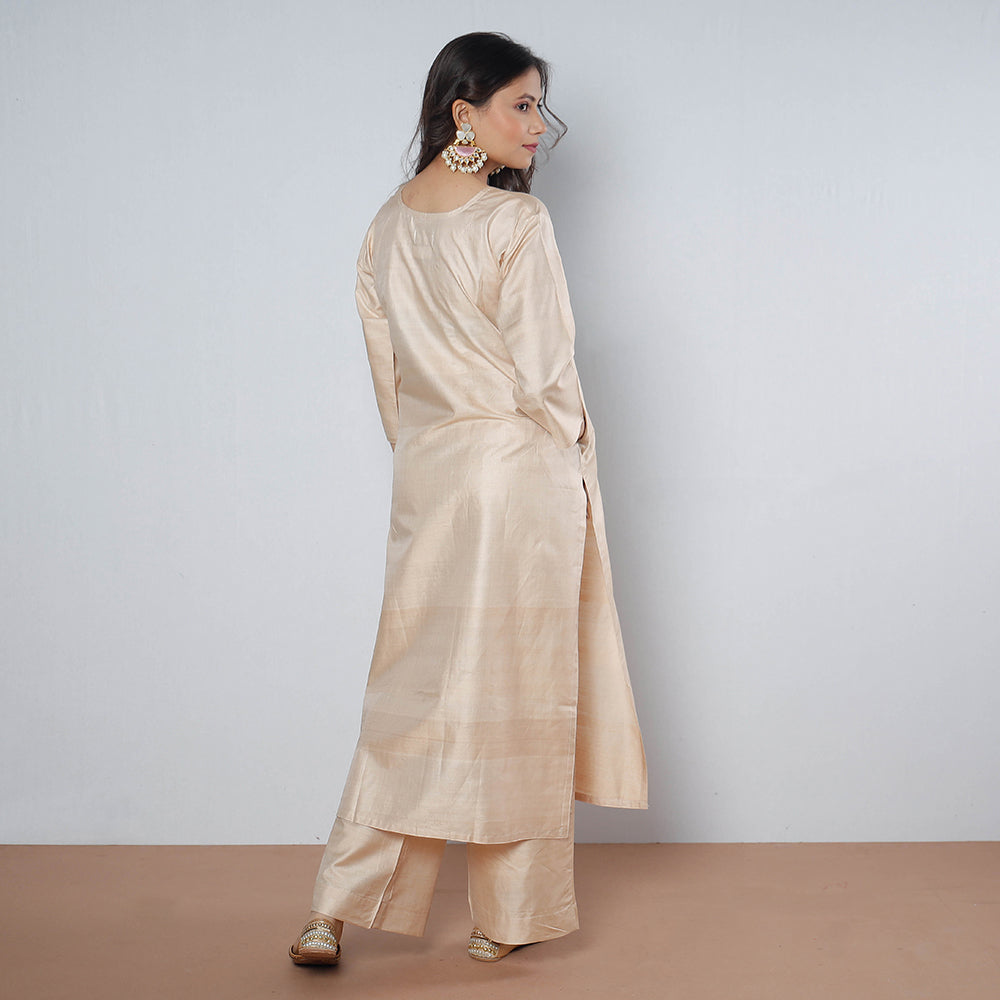 Buy IVES Womens Casual Ethnic Wear Silk Blend 34 Sleeve  Round Neck   ALine Kurta with Trousers Gold  XS at Amazonin