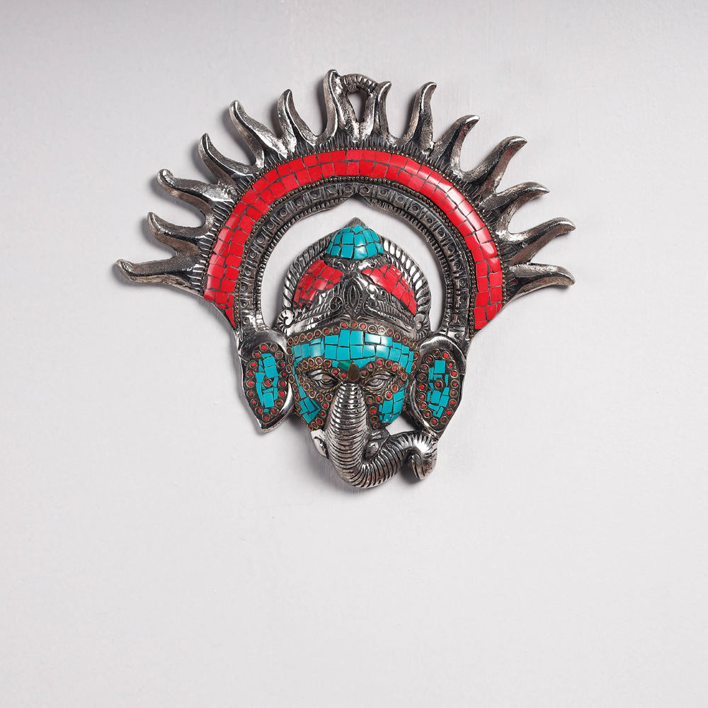 Stone Work White Metal Sun Ganesha Wall Hanging