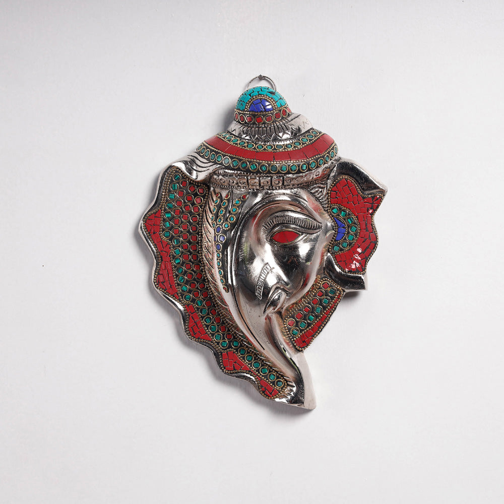 Stone Work White Metal Shankh Ganesha Wall Hanging