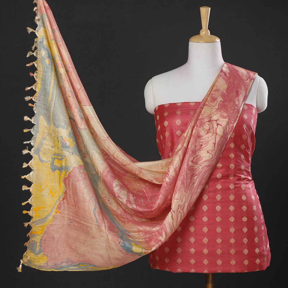 3pc Handloom Mulberry Silk Suit Material Set with Banana Silk Marble Printed Dupatta