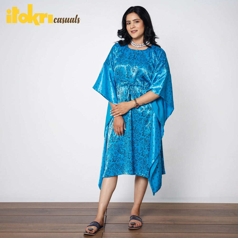 Dark Sky Blue Mashru Silk Kutch Block Printing Kaftan Dress (Medium)