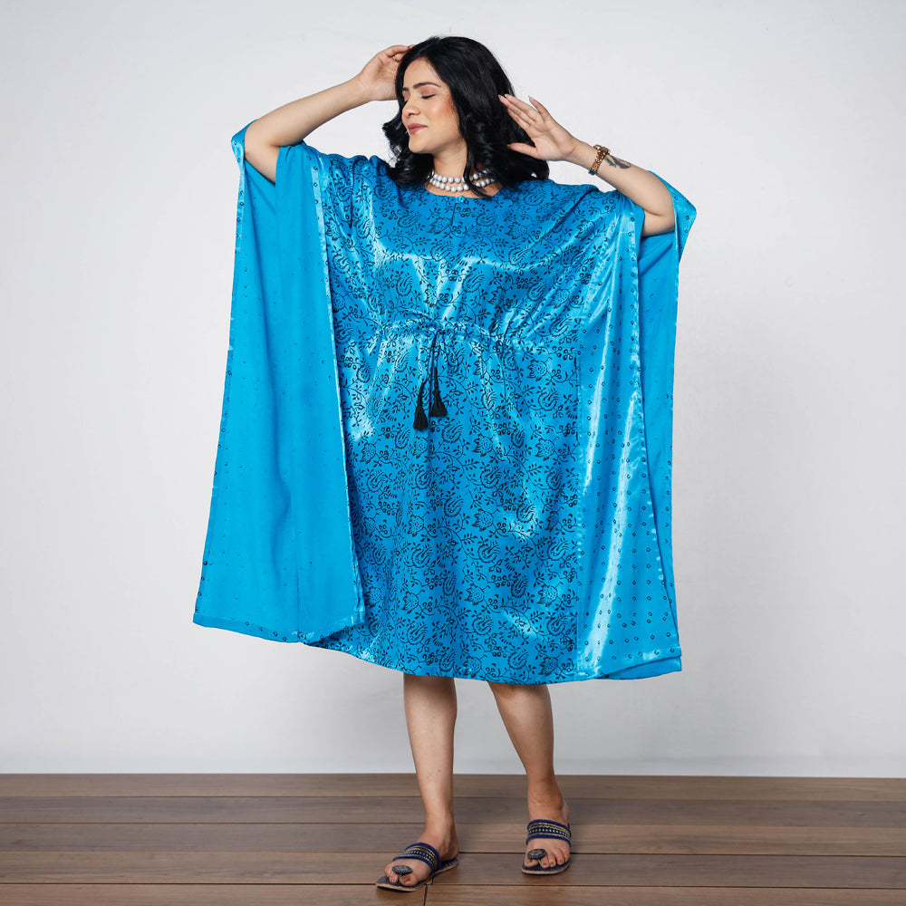 Dark Sky Blue Mashru Silk Kutch Block Printing Kaftan Dress (Medium)