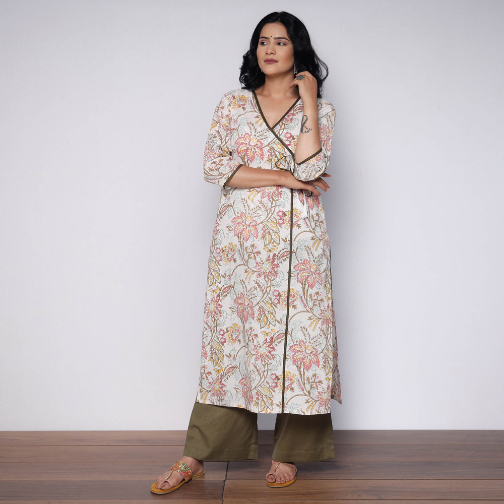 White Sage Green Sanganeri Hand Block Printed Cotton Stitched Kurta with Palazzo Set