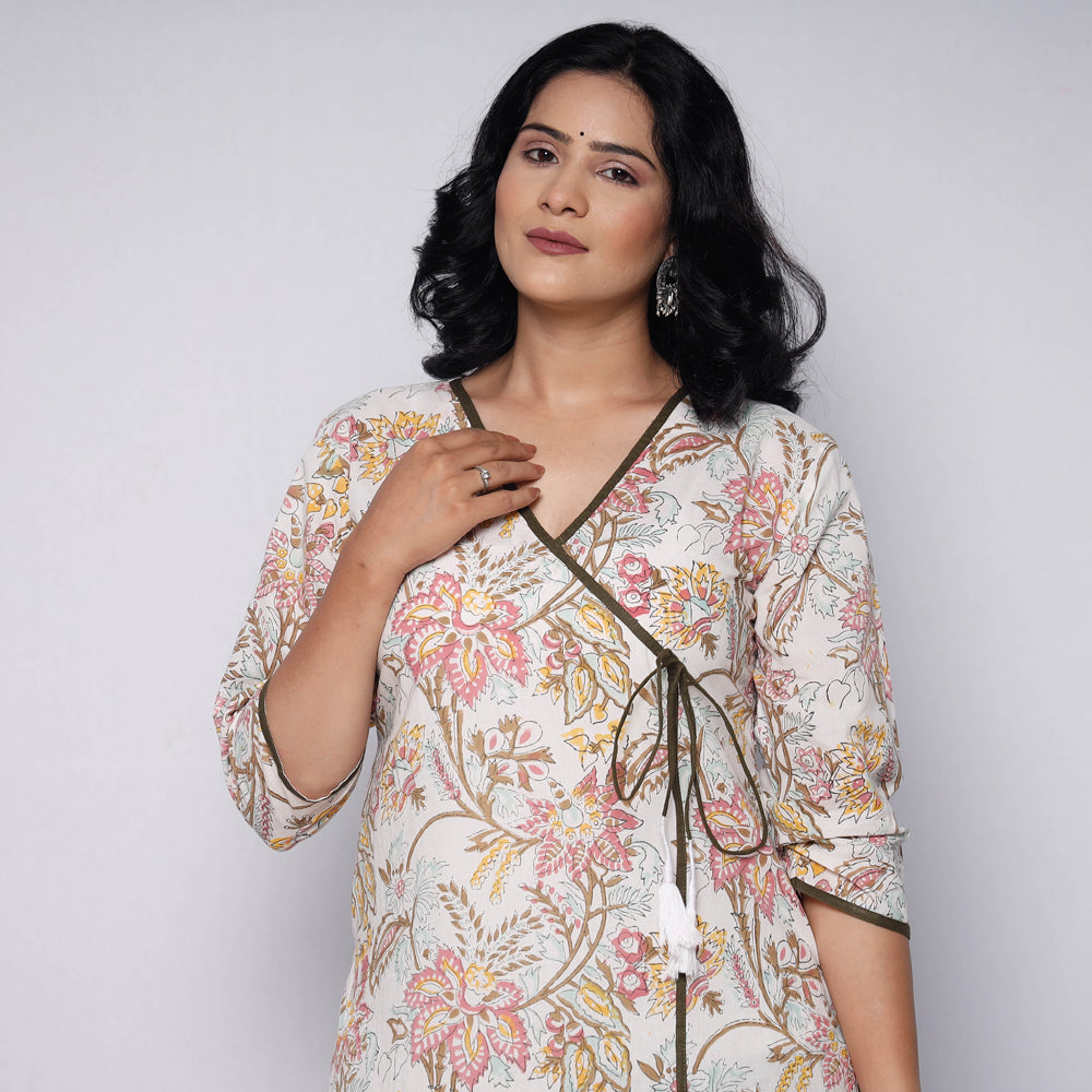 White Sage Green Sanganeri Hand Block Printed Cotton Stitched Kurta with Palazzo Set