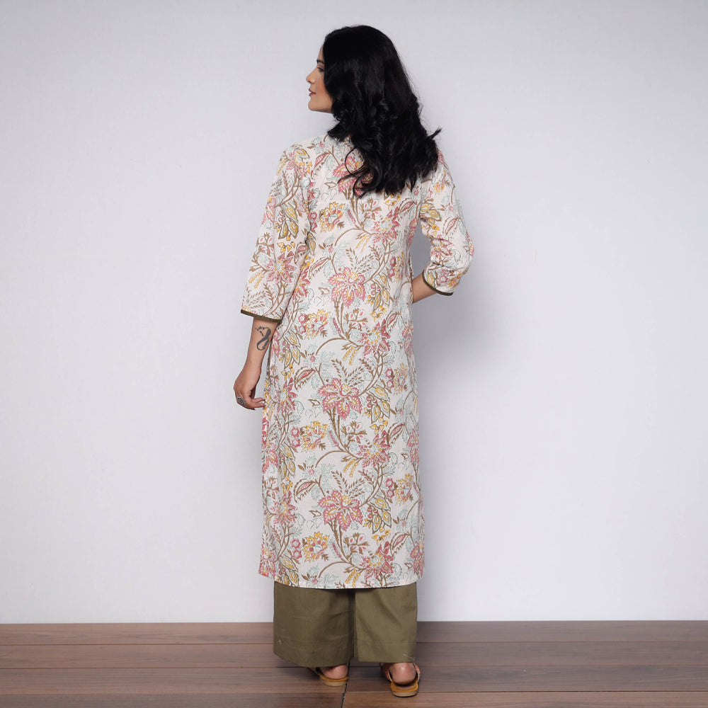 White Sage Green Sanganeri Hand Block Printed Cotton Stitched Kurta with Palazzo Set