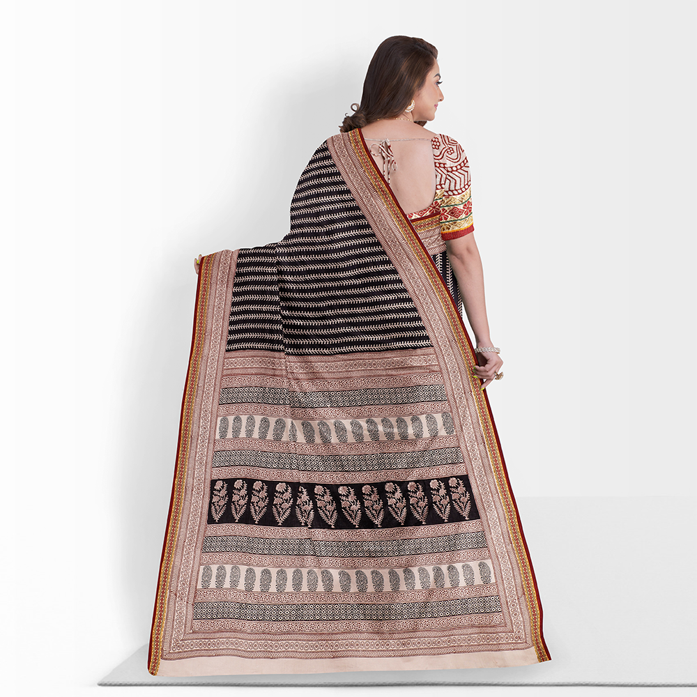 Bagh Hand Block Printing Natural Dyed Cotton Saree with Zari Border