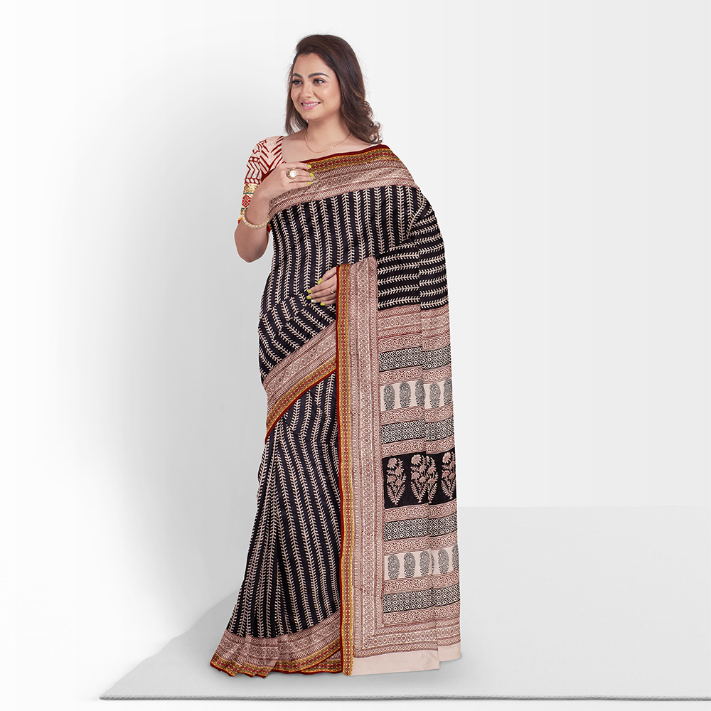 Bagh Hand Block Printing Natural Dyed Cotton Saree with Zari Border