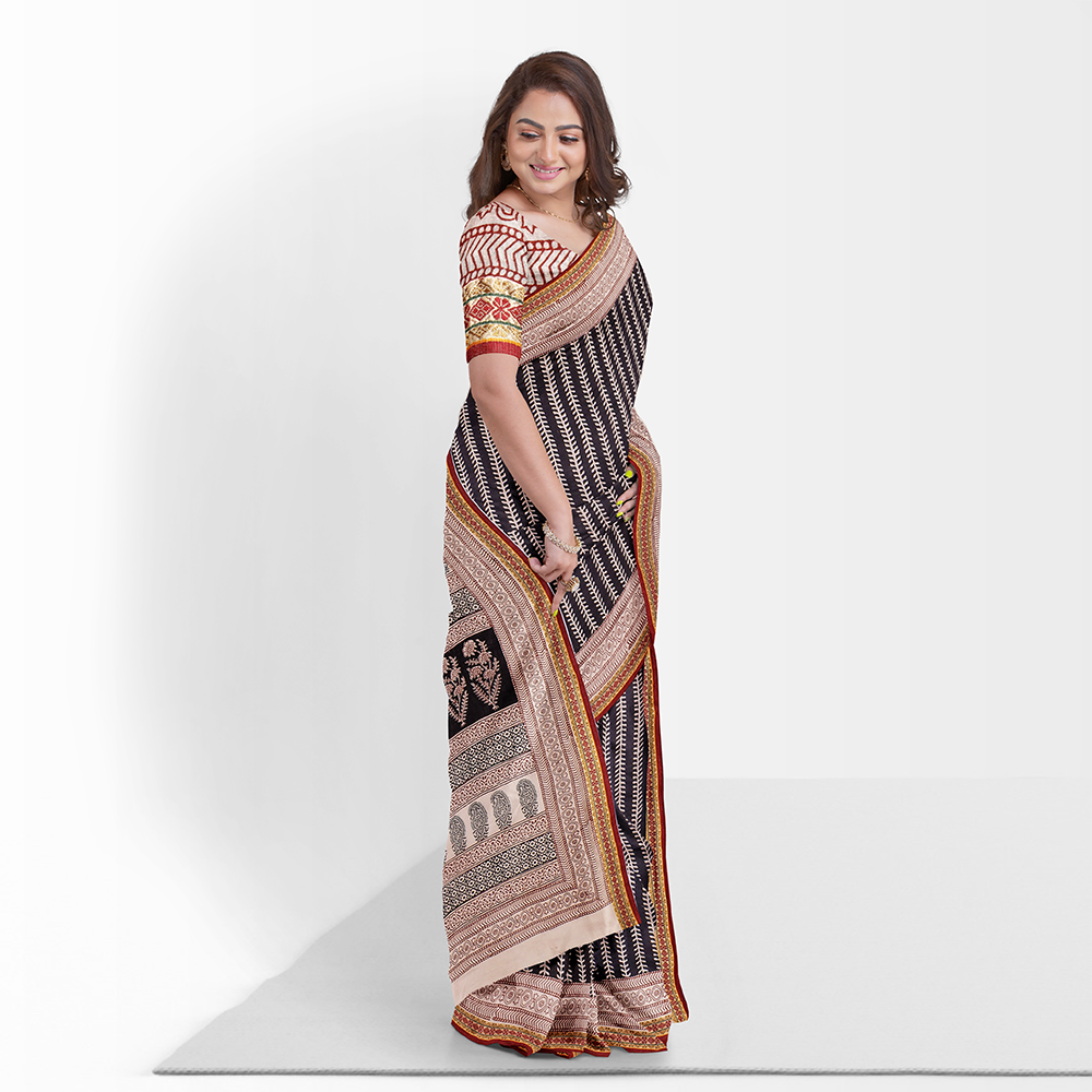 Bagh Hand Block Printing Natural Dyed Cotton Saree with Zari Border