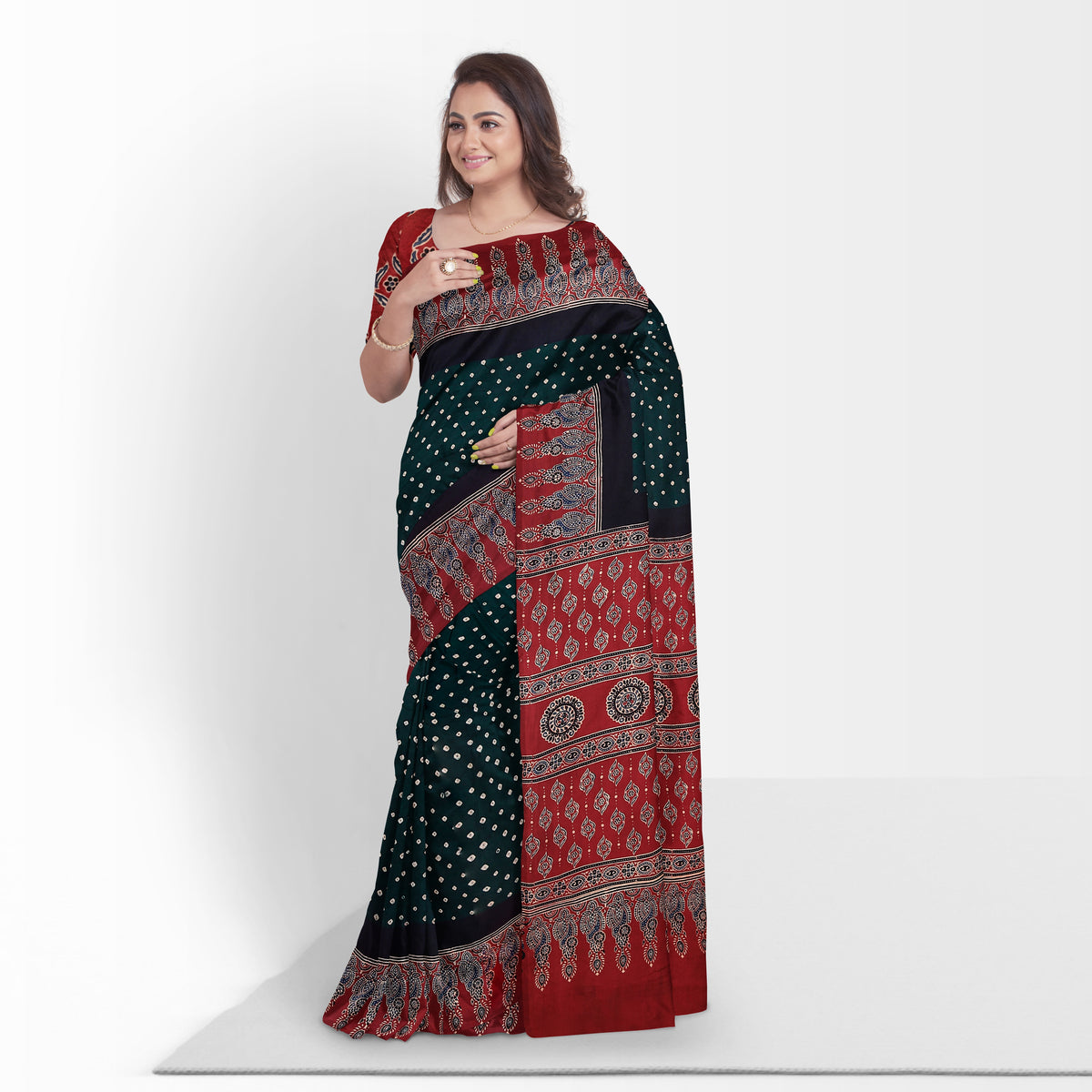 Kutch Bandhani Tie-Dye Modal Silk Ajrakh Block Printing Saree