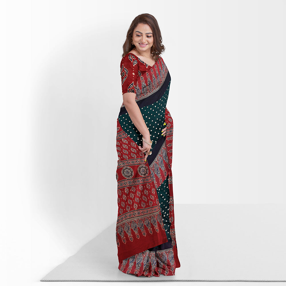 Kutch Bandhani Tie-Dye Modal Silk Ajrakh Block Printing Saree