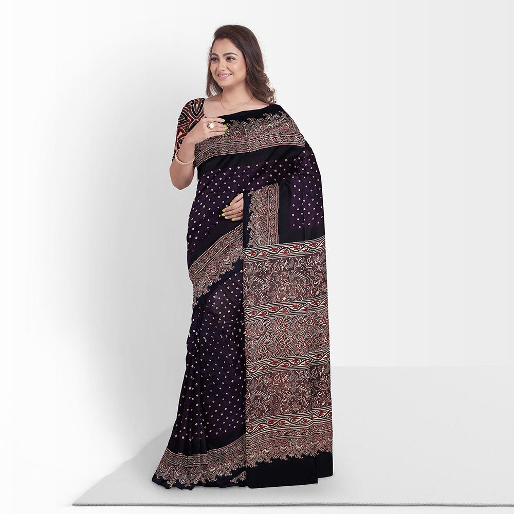 Kutch Bandhani Tie-Dye Modal Silk Ajrakh Block Printing Saree