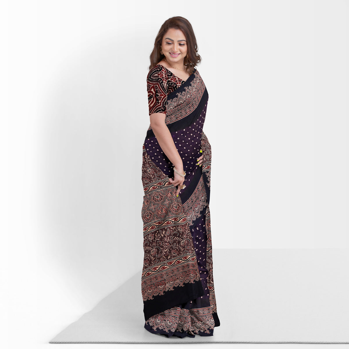 Kutch Bandhani Tie-Dye Modal Silk Ajrakh Block Printing Saree