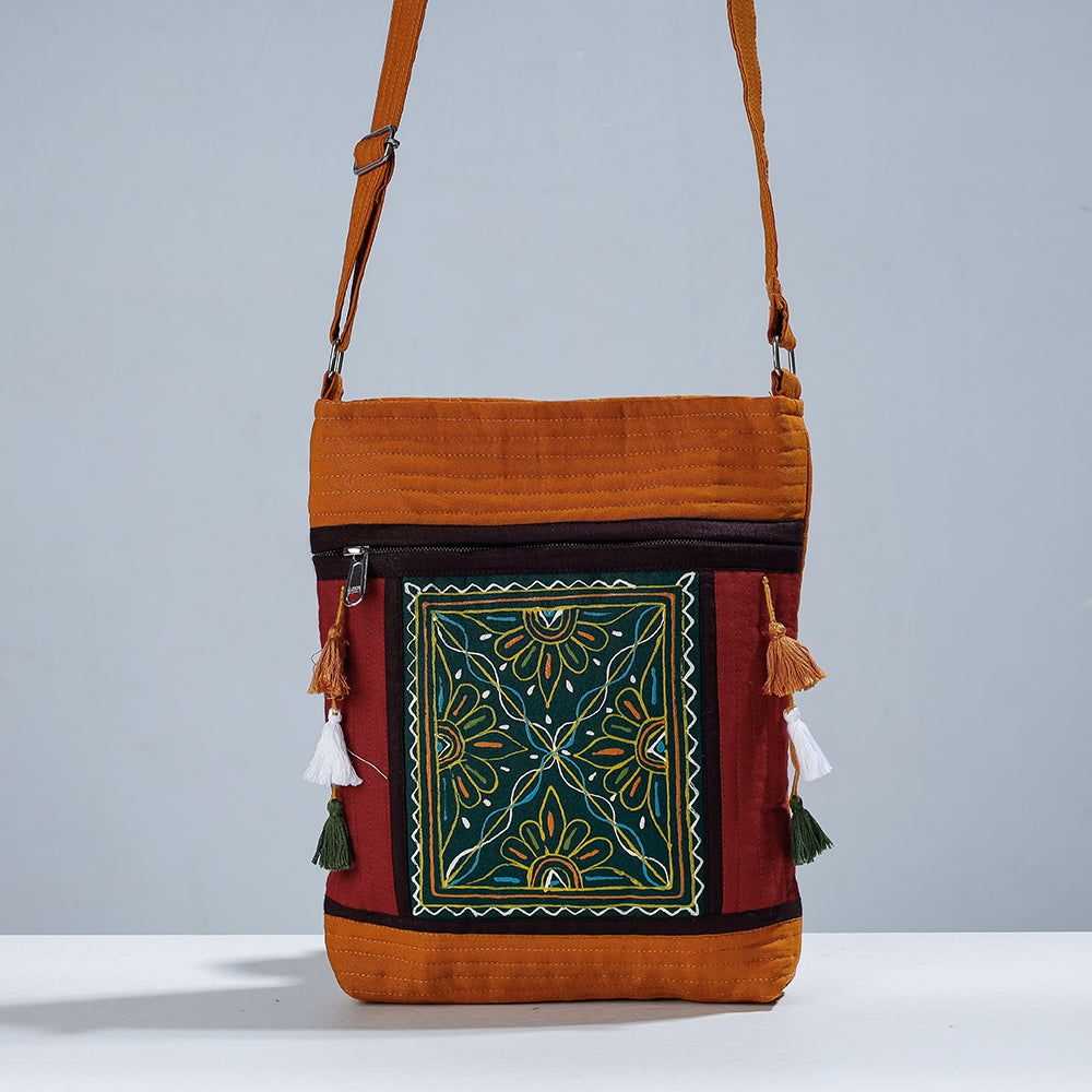 Traditional Rogan Hand Painted Cotton Sling Bag with Tassels