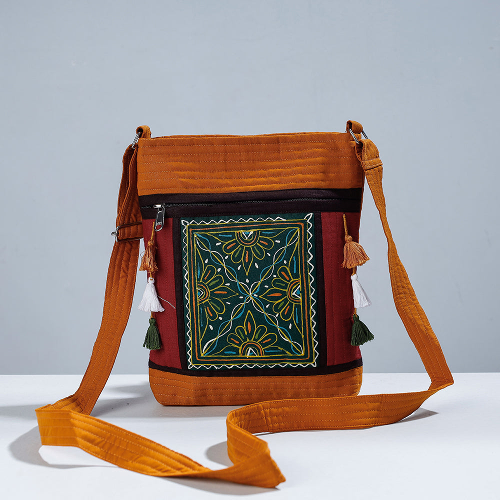 Traditional Rogan Hand Painted Cotton Sling Bag with Tassels