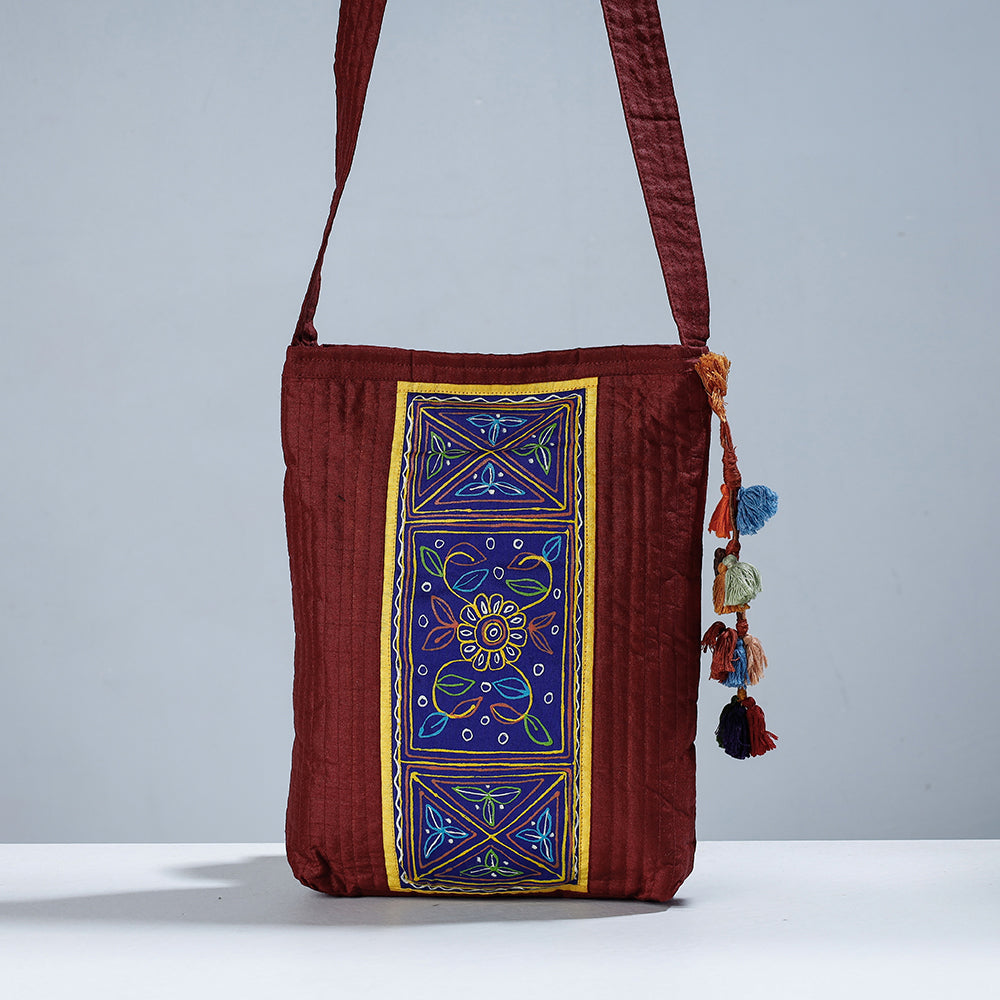 Traditional Rogan Hand Painted Silk Sling Bag with Tassels