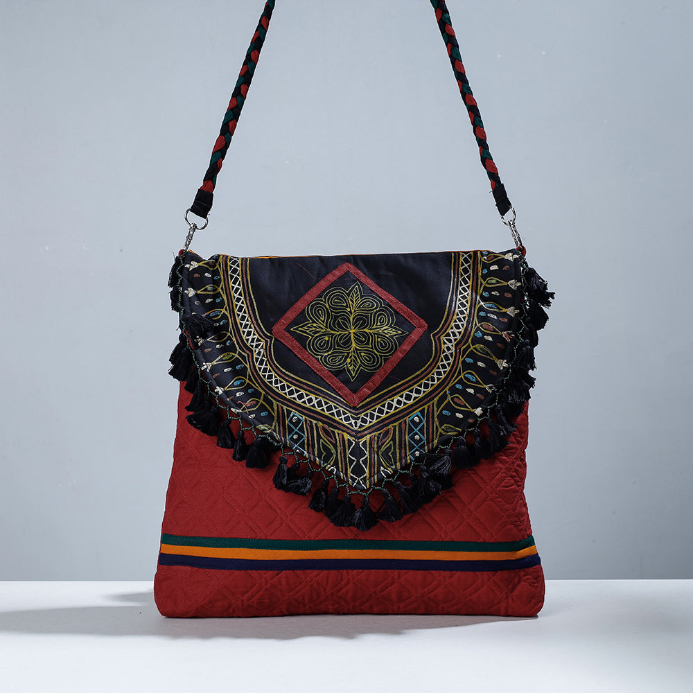 Traditional Rogan Hand Painted Cotton Bead Work Sling Bag with Tassels