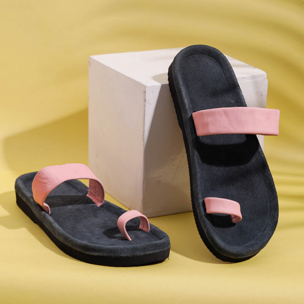 Pink &amp; Grey Toe Ring Handcrafted Women&#39;s Leather Slippers with Suede