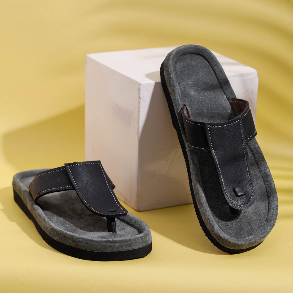 Grey Handcrafted Women&#39;s Leather Slippers with Suede